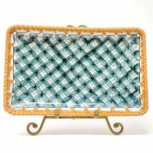 Handmade Vietnamese Ceramic Snack Tray Rattan Border Green Floral Pattern